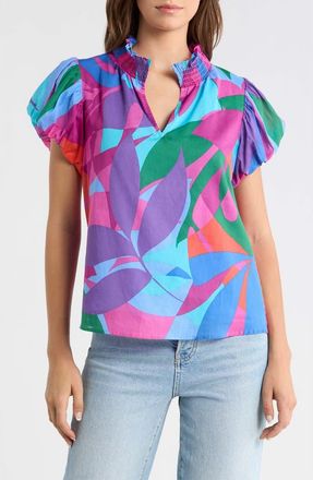 Sugarlips Vemmy Abstract Puff Sleeve Cotton Top in Magenta-Blue-Green at Nordstrom, Size X-Large