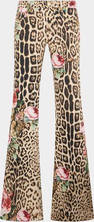 Roberto Cavalli Floral Leopard-Print Flared Denim Trousers