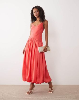 Asos Vestito a trapezio in raso color corallo con fondo a palloncino-Arancione