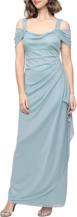 Alex Evenings Cold Shoulder Ruffle Glitter Chiffon Gown in Ice Sage at Nordstrom, Size 12