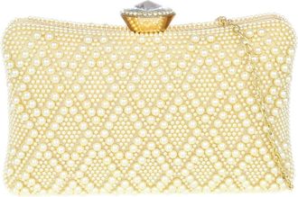 Girly HandBags Womens Beaded Pearls Hard Case Clutch Bag Medium Gold