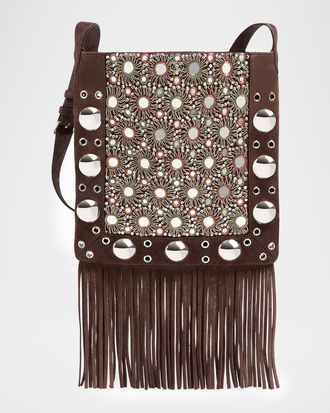 Valentino Garavani Nellcote Medium Studded Fringed Suede Crossbody Bag