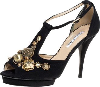 Oscar De La Renta Oscar De La Renta Black Fabric Embellished Platform Ankle Strap Sandals