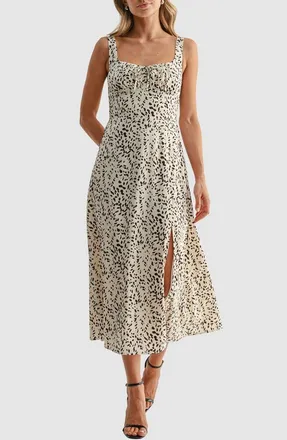 All in Favor Square Neck Fit and Flare Midi Dress in Cream Brown at Nordstrom, Size Xx-Small