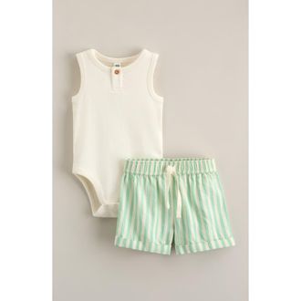 Nordstrom Tank Romper & Stripe Shorts Set in Green Benny Stripe Ivory at Nordstrom, Size 18M