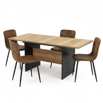Urban Meuble Mesa de comedor extensible efecto roble con 4 sillas marrones