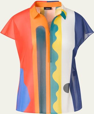 Akris Abstract-Print Cap-Sleeve Zipper Shirt
