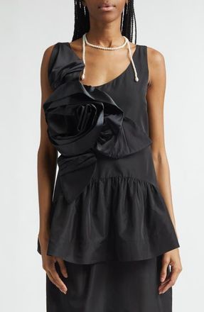 Simone Rocha Pressed Rosette Tilted Taffeta Peplum Top in Black/Black at Nordstrom, Size 4 Us