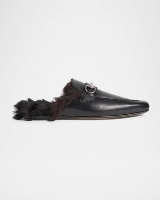 Gucci Casanova Leather & Shearling Horsebit Mules