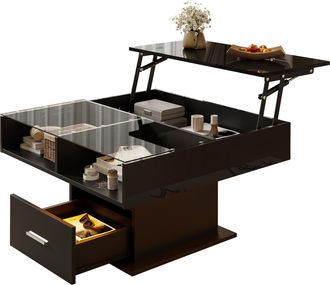 STILVORA Mesa De Centro Elevable Con 1 Caj&oacute;n Y 1 Hueco Y Led, Brillo Parcial, Estilo Moderno, En Tablero De Part&iacute;culas, Negro