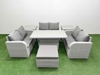 Fimous 7 Seater PE Wicker Rattan Furniture Sofa Sets w/ Adjustable Lifting Dining or Coffee Table 2 Seater Love Sofa Big Footstool 2 Side Table Light