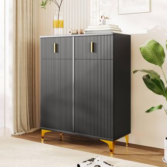 Merax Fluted Shoe Cabinet with 2 Drawers, Adjustable Shelves & Metal Legs in Black