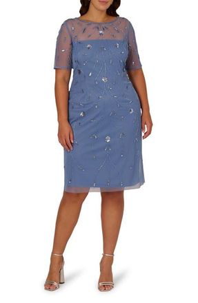 Adrianna Papell Beaded Mesh Sheath Dress in French Blue at Nordstrom, Size 16W