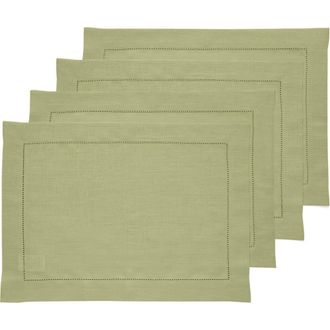 Solino Home Linen Placemats Set of 4, 14 x 19 Inch for Dining Table, Holiday and Everyday Table Decor - Classic Hemstitch in Moss Green at Nordstrom