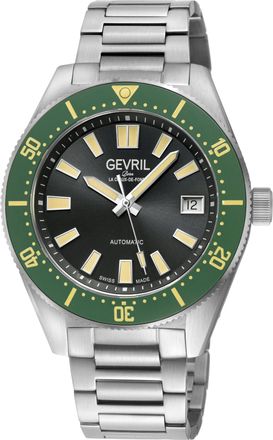 Gevril Group Mens Mariner Row Automatic, SS Case, Green Ceramic Bezel, Black Dial, 316L Stainless Steel Satin Bracelet Watch