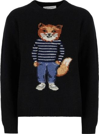 Maison Kitsun&eacute; Dressed Fox Sweater - Dames - Ronde hals truien - Zwart - S - Wol - Truien & Vesten