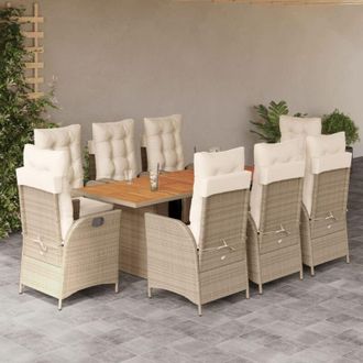 vidaXL Set Comedor De Jard&iacute;n 9 Pzas Con Cojines Rat&aacute;n Sint&eacute;tico Beige Vidaxl