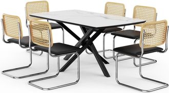 VonHaus Marble Effect Dining Table with 6 Dining Chairs Set