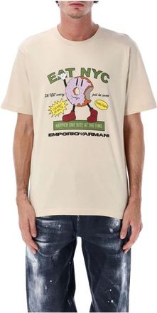 Emporio Armani Tops, Heren, Beige, XL, Katoen, New York Grafische Print T-Shirt