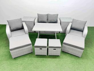 Fimous 8-seater Patio Rectangular Table Sofa Set with 2 Side Tables 4 Stools in Light Grey