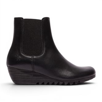 FLY London Dames Zwarte Leren Chelsea-laarzen met wighak - ORFU496