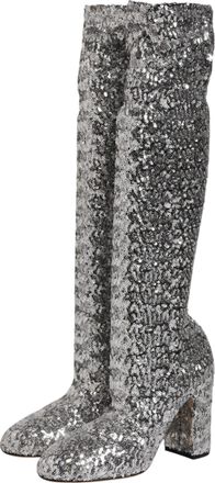 Dolce & Gabbana Womens Shoes Silver Sequins Glitter High Heel Boot