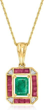 Ross-Simons Emerald,. Ruby and Diamond-Accented Pendant Necklace in 14kt Yellow Gold