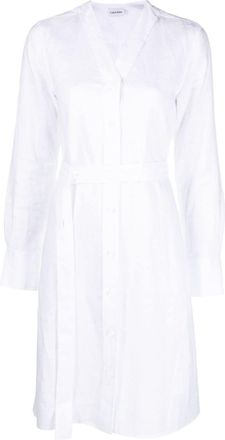 Calvin Klein long-sleeve belted dress - women - Linen/Flax - 10 - White