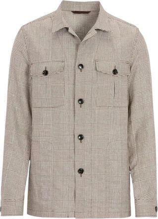 Oscar Jacobson Jassen, Heren, Bruin, L, Linnen, Beige Glencheck Overshirt Regular Fit