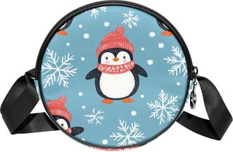 Generic Circle Crossbody Bag for Women, Blue Cute Penguin Small Sling Bag Daypack with Zipper Adjustable Shoulder Straps Casual Ladies Girls Round Purse