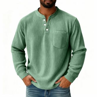Generic Corduroy shirts Henley collar Mens Waffle Sweatshirt with Pocket V-Neck Button Up Flap Pockets Everyday Wear Plain Wrinkle-Free Dark Green L