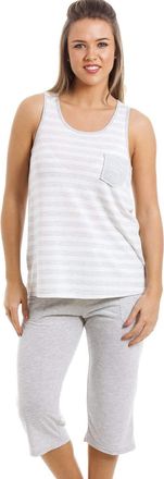 Camille Womens Lightweight Striped Cropped Pyjama Set 10-12 GREY
