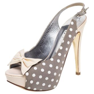 Gina Grey/cream Polka Canvas And Patent Leather Bow Open Toe Sandals