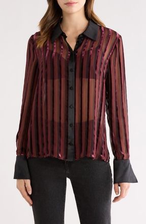 Paige Mazzy Velvet Stripe Sheer Silk Blend Shirt in Aubergine/Black at Nordstrom, Size X-Small