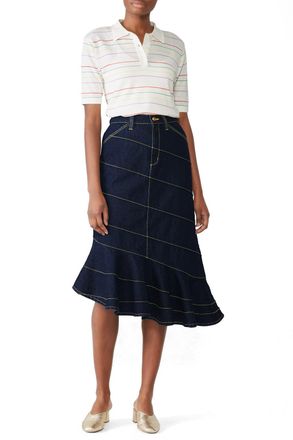 Tory Burch Asymmetric Stitch Denim Flared Skirt Size 27/69
