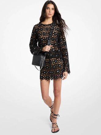 Michael Kors Mirror-Embellished Floral Crochet Skirt