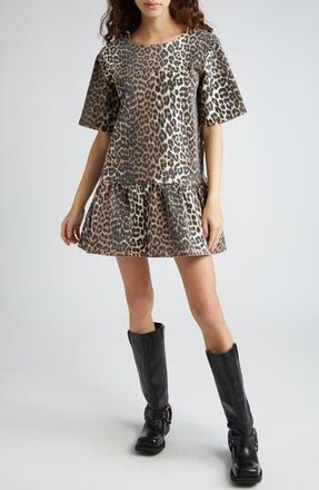 Ganni Leopard Print Open Back Organic Cotton Stretch Twill Minidress at Nordstrom Rack, Size 42