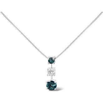 House of Brilliance 14K White Gold 1 1/2 Cttw Treated Blue and White Diamond 3-Stone Pendant Necklace at Nordstrom