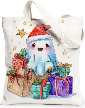 Generic Christmas Ghost Canvas Tote Bags, Cute Holiday Pattern Reusable Grocery Bags, Winter Lightweight Washable Canvas for Travel, White, 13x15 Inch