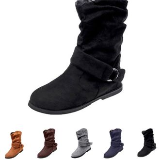 Generic Slouch Boots Flat Boots for Women UK Fold Over Boot Mid Calf Boot Women Side Zipper Ladies Cowgirl Booties Slip on Slouch Round Toe Suede Vintage Flat