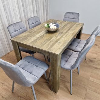 Kosy Koala Dining Table & 6 Chairs - Rustic Effect Dining Table With 6 Grey Velvet Chairs Dining Furniture in Brown