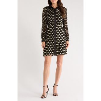 Halogen Foil Dot Empire Waist Long Sleeve Shirtdress in Rich Black/Bright Gold at Nordstrom Rack, Size Xx-Small