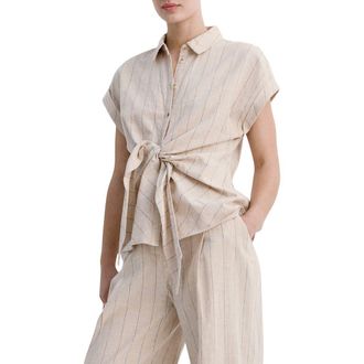Mango Pinstripe Tie Waist Linen & Cotton Shirt in Brown at Nordstrom, Size 12