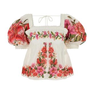 Farm Rio FARM Rio, Blouses, female, Multicolor, Size: XS Printed Linen Blend Blouse