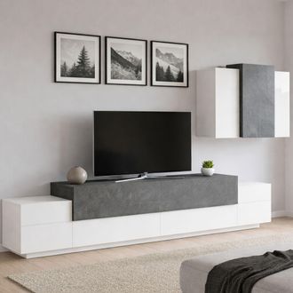 Dmora Dmora - Pared Equipada Dmar, Conjunto De Sal&oacute;n Con Soporte Tv, Mueble Sal&oacute;n Polivalente, 100% Made In Italy, Cm 240x45h180, Blanco Brillo Y Pizarra