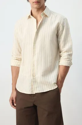 Mango Stripe Linen Blend Button-Up Shirt in Pastel Yellow at Nordstrom, Size Xx-Large