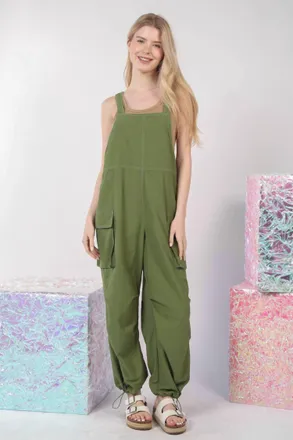 Very J Casual Sleeveless Cargo Jumpsuit In Olive