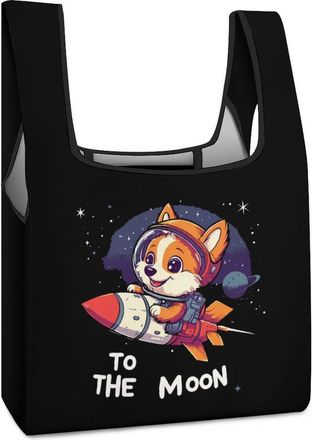 Generic Corgi TO THE MOON Shopping Bag Reusable Grocery Tote Bag Foldable Handbag for Travel Picnic