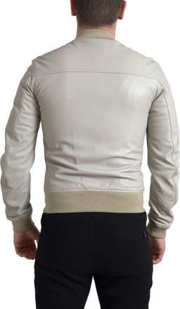 Dolce & Gabbana Mens Cream Leather Bomber Blouson Full Zip Jacket Clothing