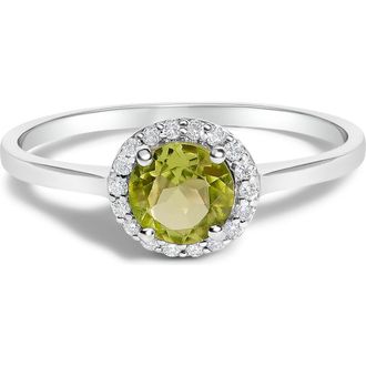 House of Brilliance 10K Gold Gemstone and 1/10 Cttw Diamond Halo Birthstone Ring in White | Green Peridot at Nordstrom, Size 6.5